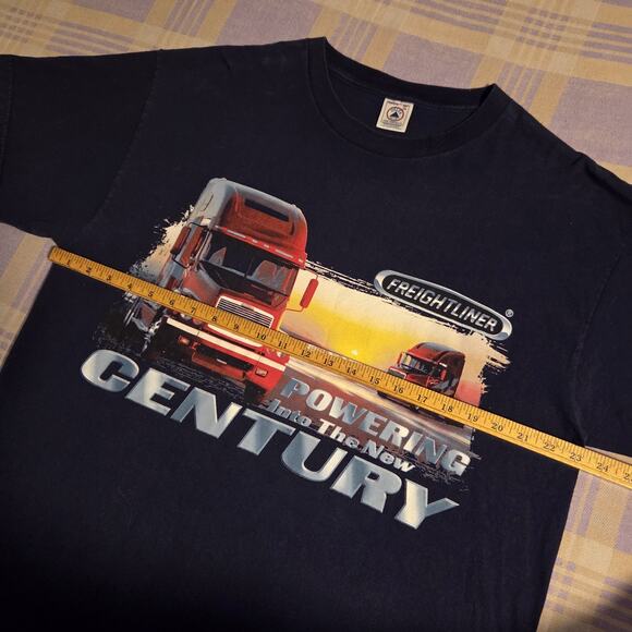 VTG 90s Freightliner Semi Truck Mega Print T-Shirt XL Powering New Century 3D - Picture 4 of 6